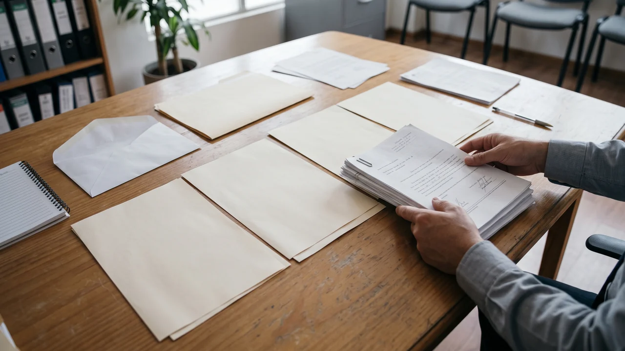 Manos organizando documentos, una carpeta y hojas en grupos sobre una mesa.