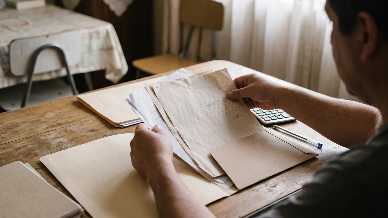 Manos separando documentos sin texto legible en dos carpetas sobre una mesa, junto a una calculadora.