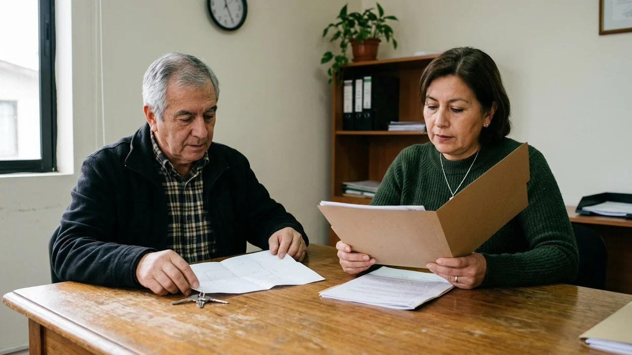 Dos personas revisan una carpeta, un plano sin texto legible y llaves sobre una mesa de consulta.