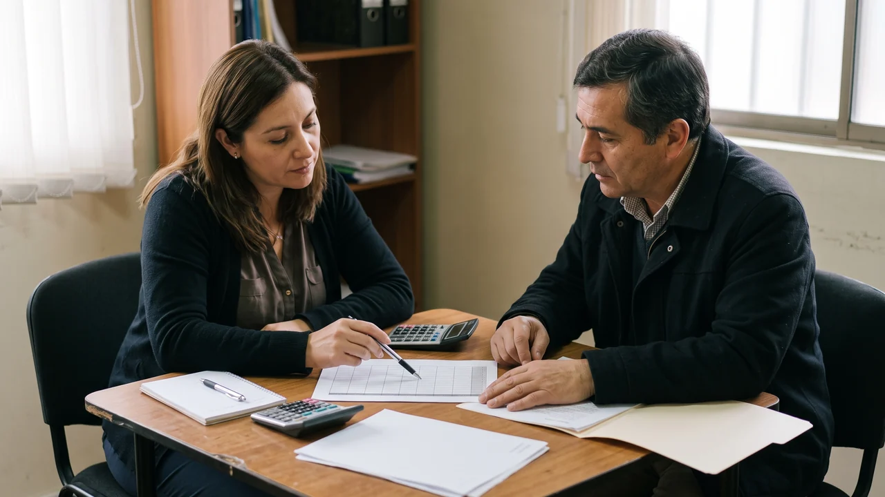 Dos personas revisan un calendario de pagos sin texto legible y una calculadora en una mesa.