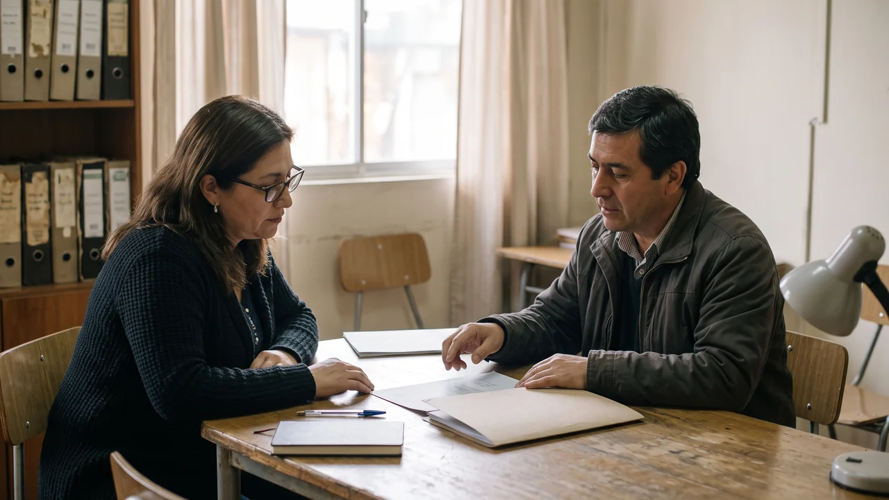 Dueño de una pequeña empresa y profesional revisan una carpeta y documentos sin texto legible en una reunión.