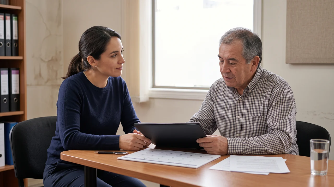 Profesional y persona adulta revisando una carpeta durante una reunión de orientación.