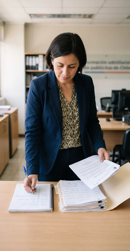 Persona comparando un documento con antecedentes en una mesa de oficina.
