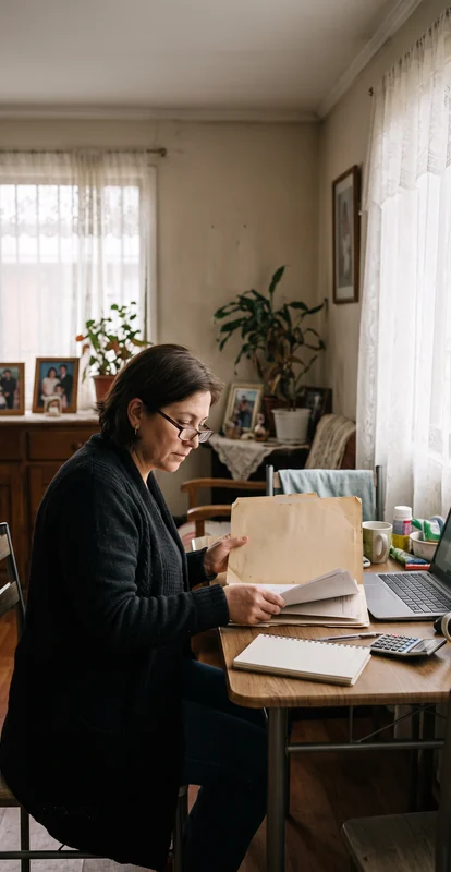Persona adulta revisando una carpeta y ordenando papeles en una mesa junto a una ventana.