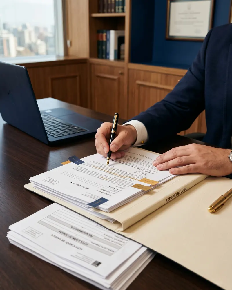 Abogado revisando antecedentes administrativos y documentos legales