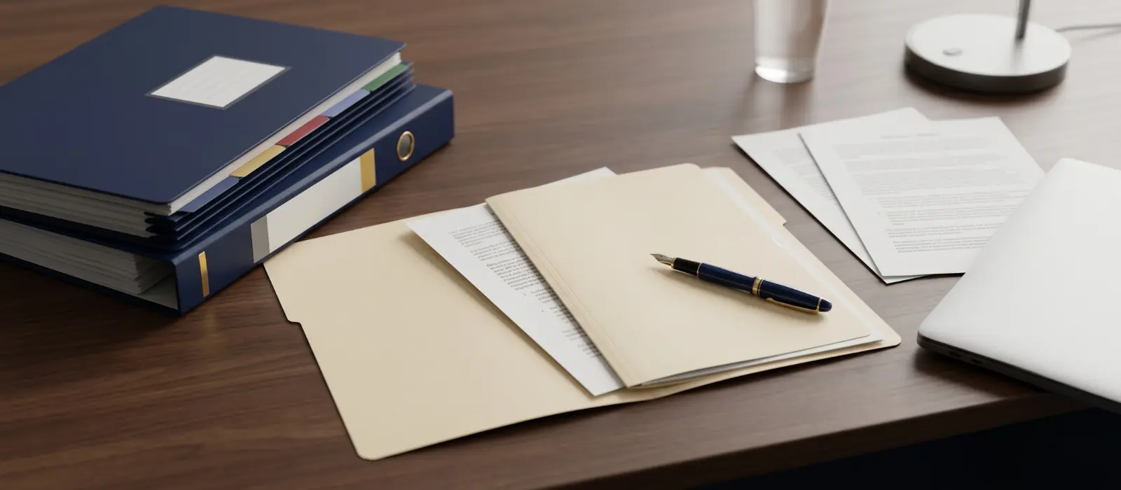 Documentos y antecedentes de un sumario administrativo sobre una mesa de trabajo