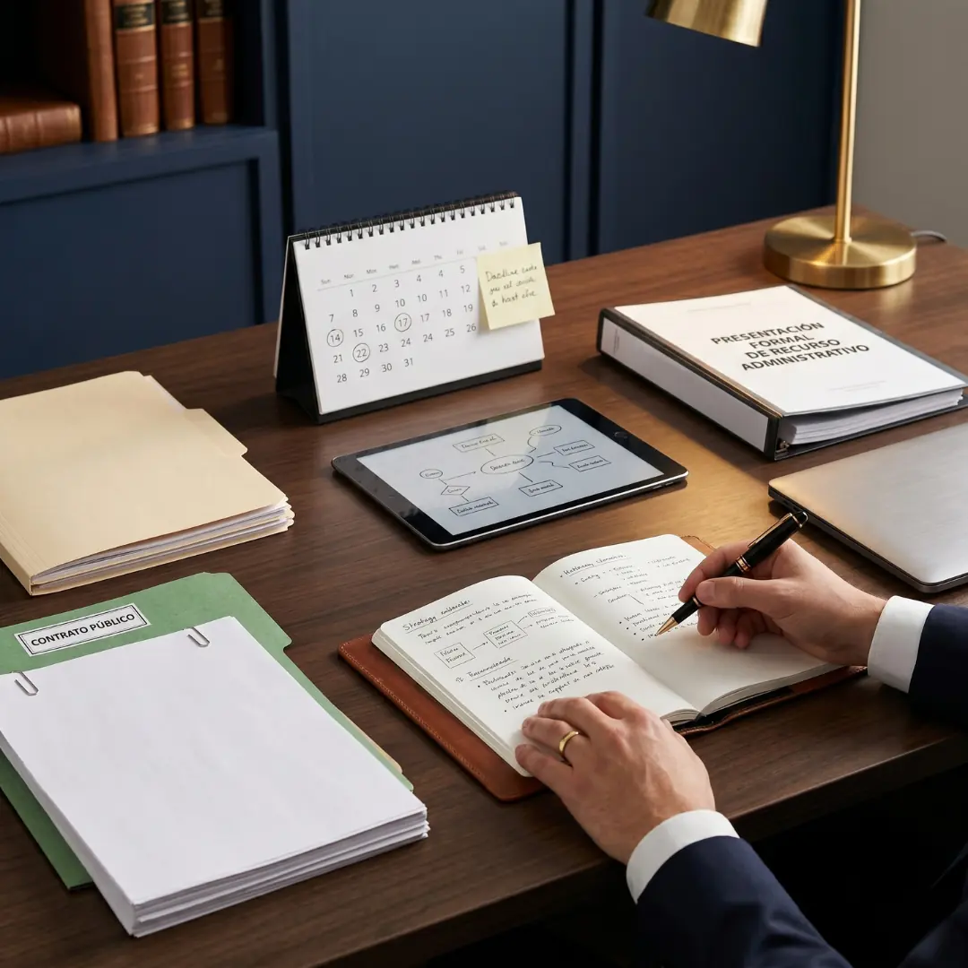 Mesa de trabajo con expediente, notas y estrategia de defensa en un sumario administrativo